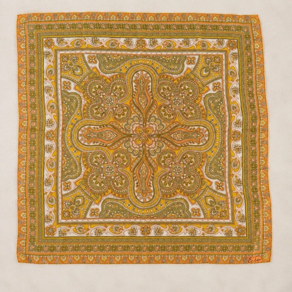 Vintage ECHO Japan Made 100% Silk Scarf 23” Paisley Floral Olive Gold Orange